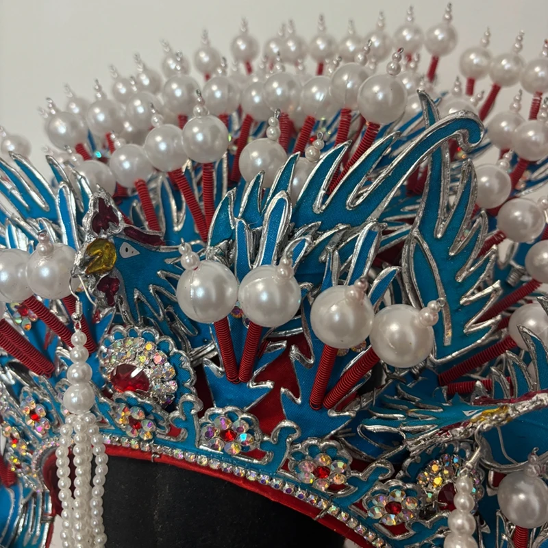 Disfraz tradicional chino de corona de Fénix, accesorio de actuación de escenario de ópera de Peking, sombreros de perlas con borlas