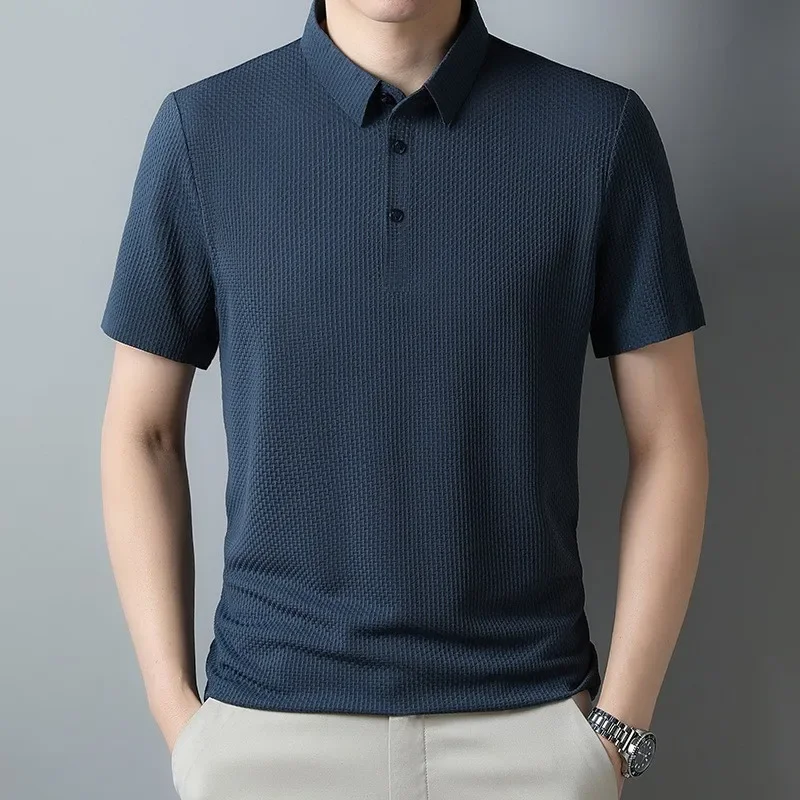 Summer Ice Silk Polo Shirts Men Turn-Down Collar Polo t-Shirts Fashion Casual Tee Shirt Breathable Soild Formal Top Man Clothing image 3