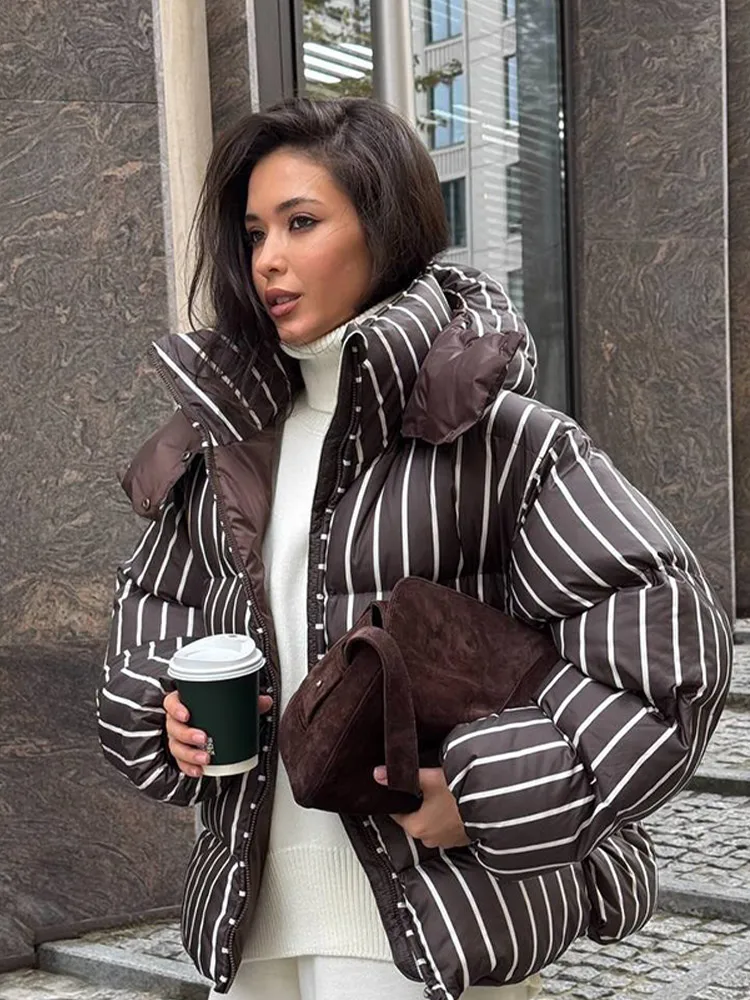 Striped Hooded Cotton Jacket Women Fashion Stand Collar Full Sleeve Zipper Pocket Warm Jackets Lady Winter Daily Street Coats 4 Striped Hooded Cotton Jacket Women Fashion Stand Collar Full Sleeve Zipper Pocket Warm Jackets Lady Winter Daily Street Coats 4