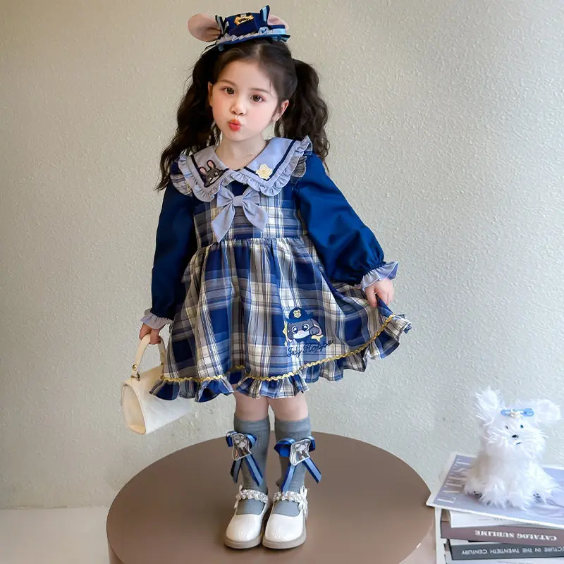 

Комплект платьев для девочек Disney Judy, весна-лето, рубашка с длинными рукавами и воротником-стойкой + клетчатые платья без рукавов, детская повседневная одежда