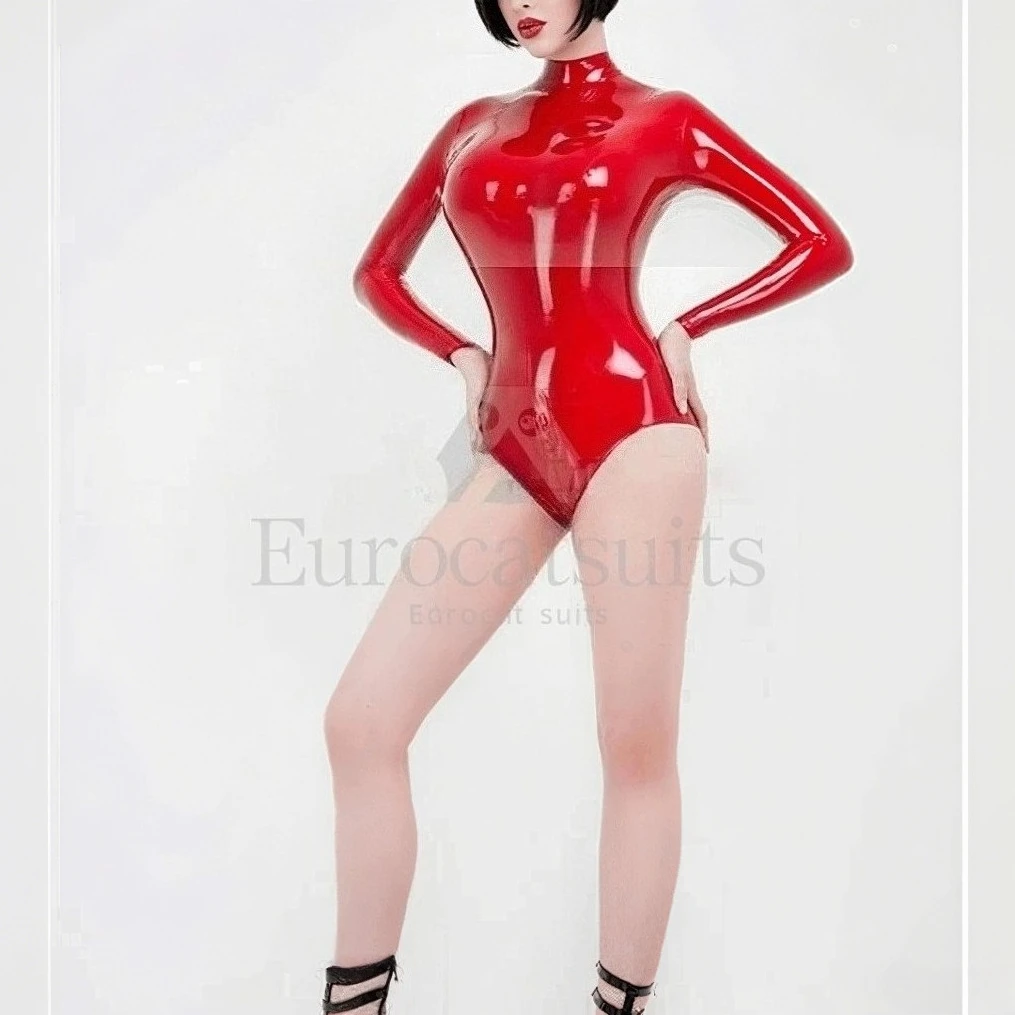 

customized women's red latex bodysuit long sleeve high neck shiny rubber leotard fetish fashion clubwear custom fitted latex