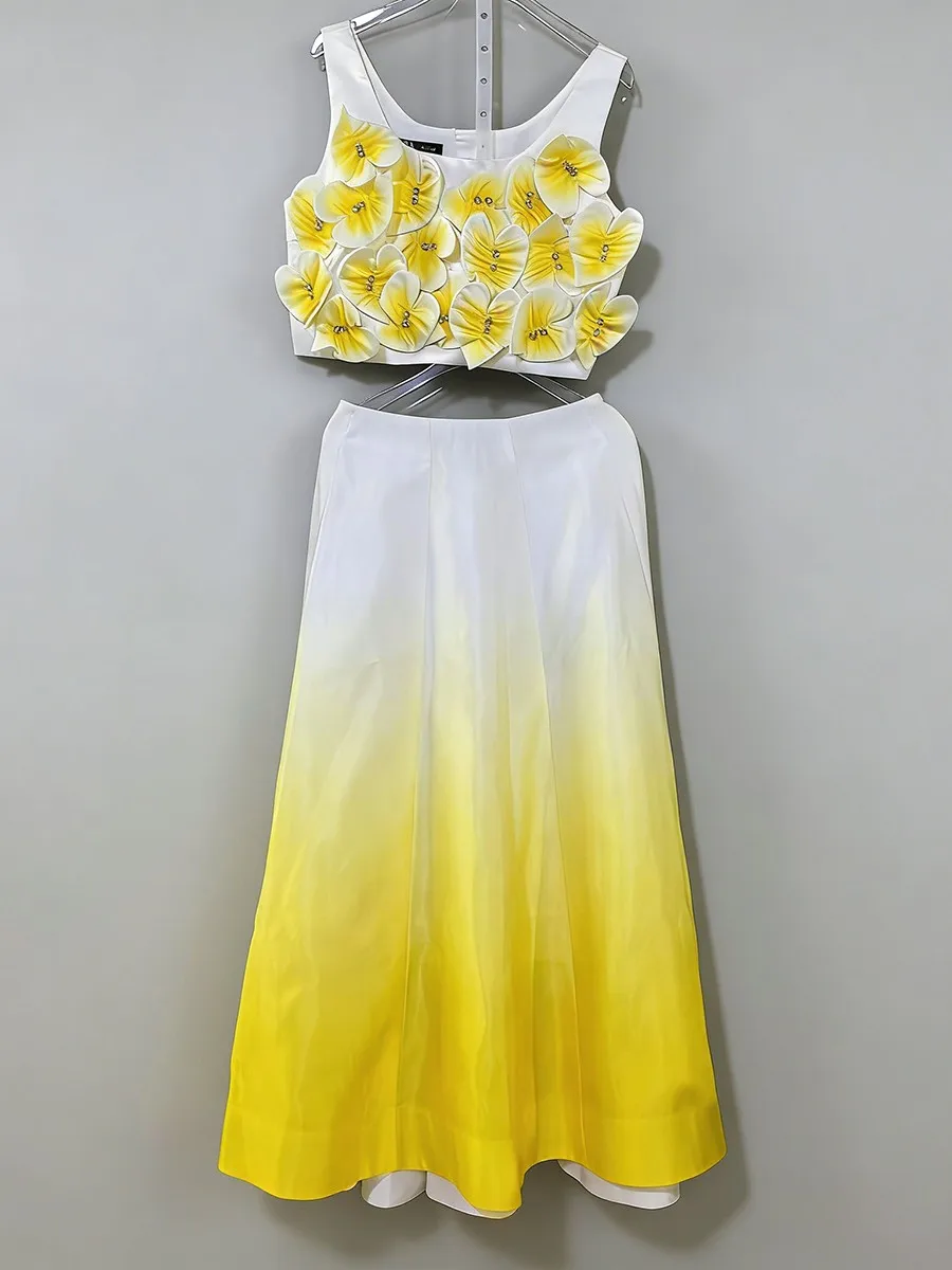 Twotwinstyle hit color moda conjuntos de duas peças para mulheres pescoço quadrado sem mangas emendado flor 3d topo saia de cintura alta conjunto feminino