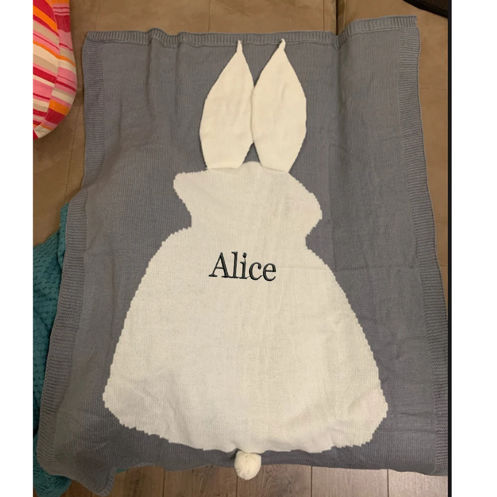 Personalised Name Blanket Rabbit Ear Blanket Embroidery Name Children\'s Knitting Bunny Blanket Baby Shower Party Gift Blanket