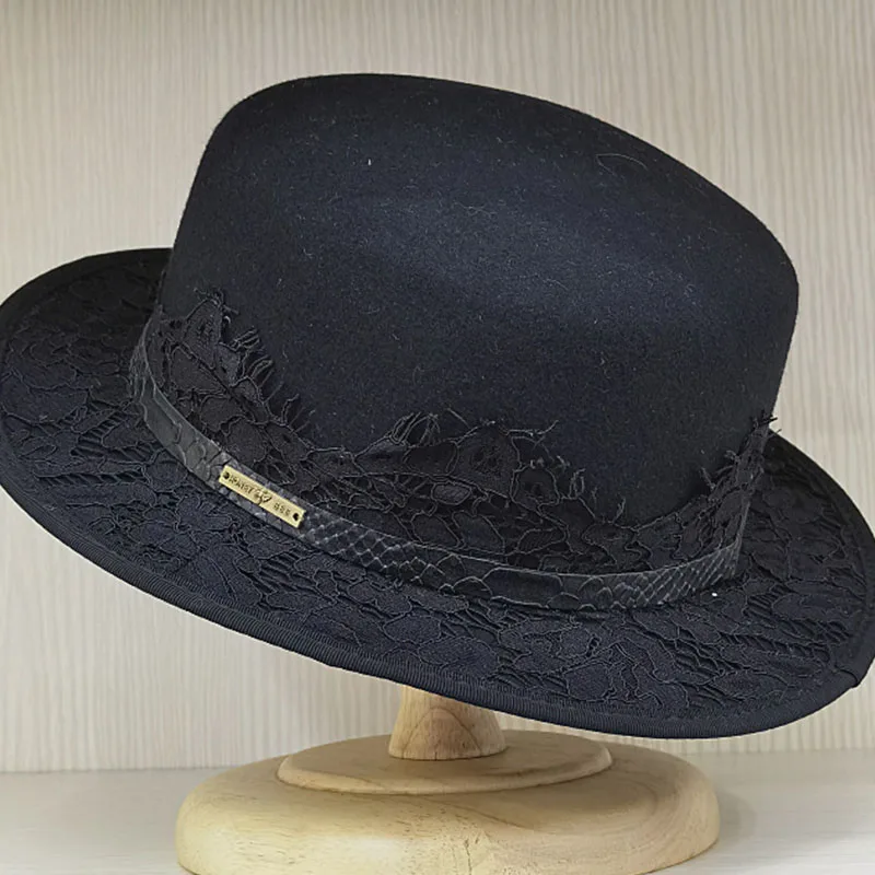 Wool Felt Boater Hat Black Wide Brim Hat Men Women Felt Western Hats Lace Flower Belt Wool Hat