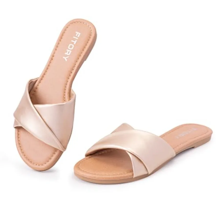 

FITORY Women's Flat Sandals Fashion Slides With Soft Leather Slippers for Summer Size