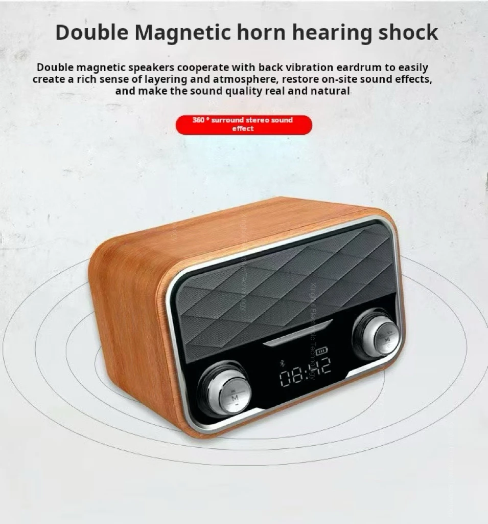 20W Mini Wooden Retro Bluetooth Speaker Compatible with Mobile Wireless ChargingDual Speakers, Heavy Bass TF Card, FM Music Box