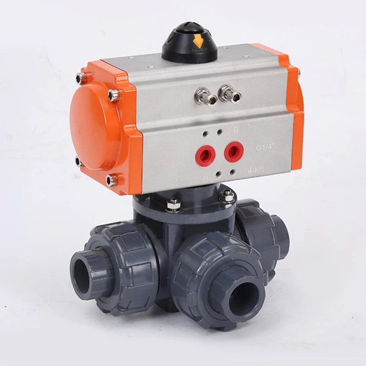 Double Union PVC Plastic 3 Ways L Port Pneumatic Control Socket Ball Valve Spring Returned with Air Solenoid Valve