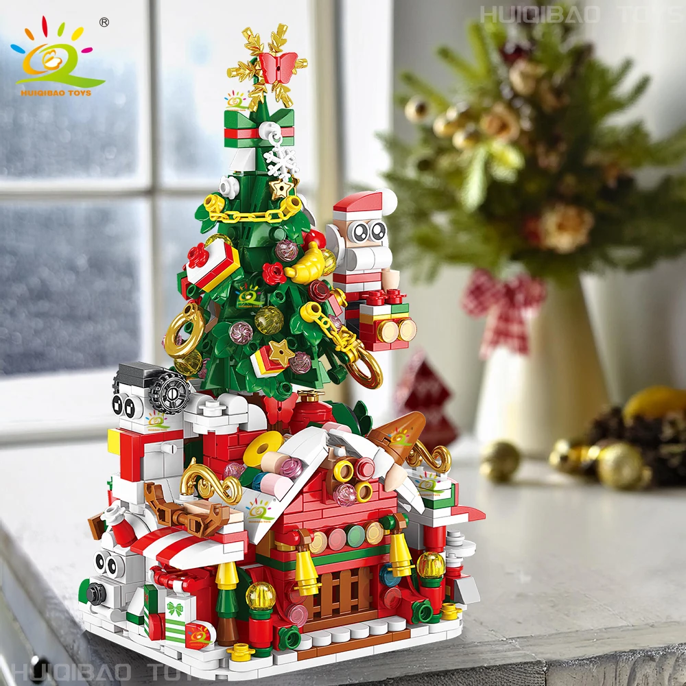 HUIQIBAO 8IN1 Christmas Santa Claus House Model Building Block DIY Elk Snowman Bricks Ornament Toys for Children Adult Gift