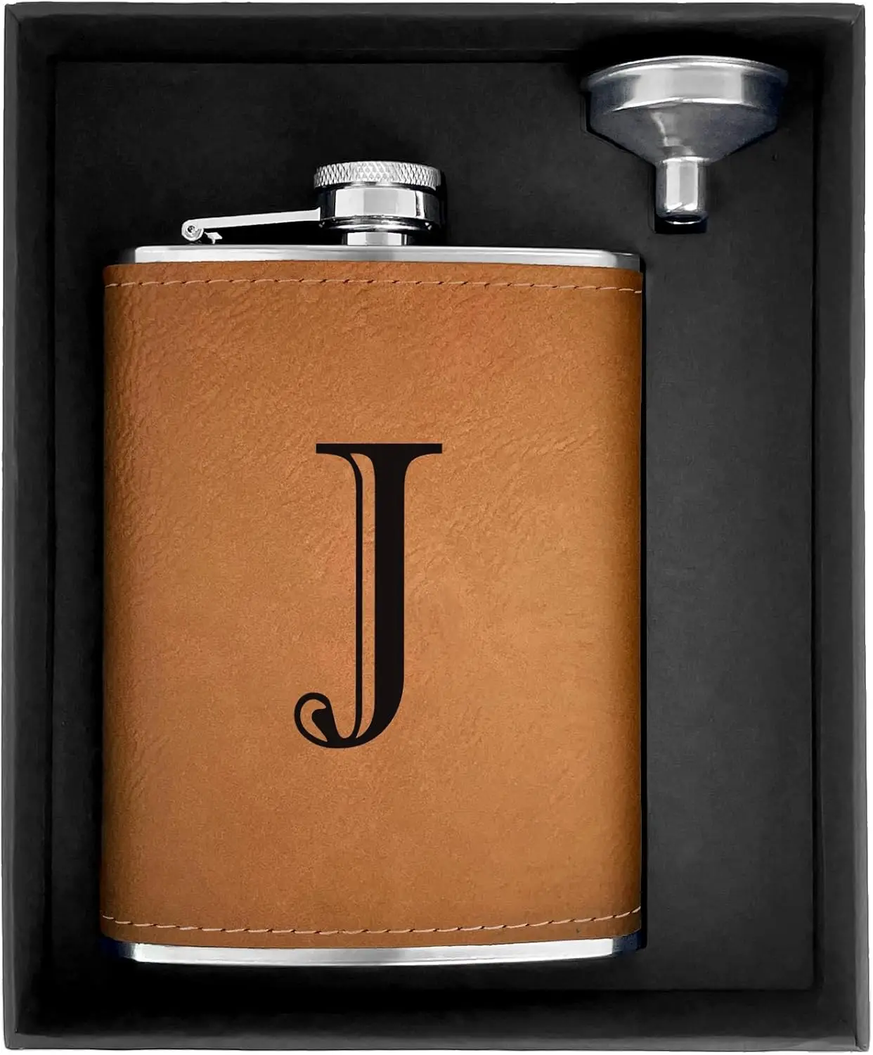 

Leather Hip Flask 8oz Stainless Steel with Funnel, Engraved Initials, Leak Proof, Slim Design for Men, Groomsmen Gifts, Birthday Christmas for Dad Husband