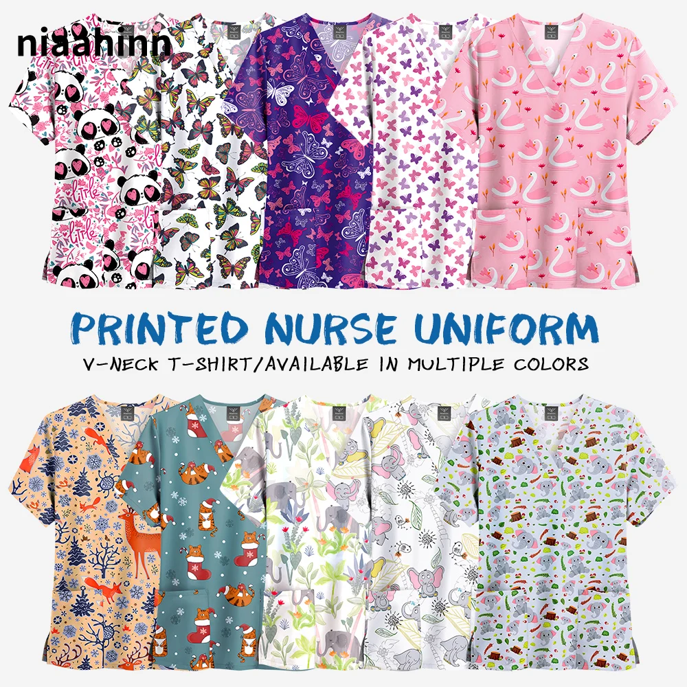 Print Scrubs Top Women with Pockets V-Neck Scrub Uniforms Pet Grooming Nurse Spa Caring Shirt Uniformes De Enfermería Para Mujer