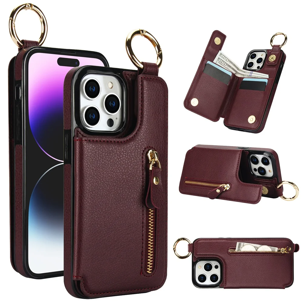 

Litchi Grain Zipper Card Slots Wallet Leather Case For iPhone 16 15 14 13 12 Mini 11 Pro XS Max XR X 7 8 Plus Fold Holder Cover