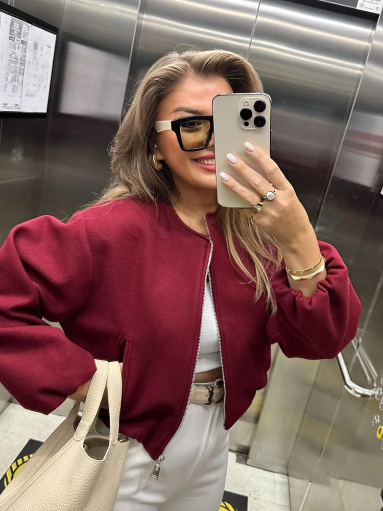 السيدات الشابات أزياء قصيرة فضفاض قنبلة سترة سستة طويلة الأكمام سترة رياضية في فصل الشتاء #4