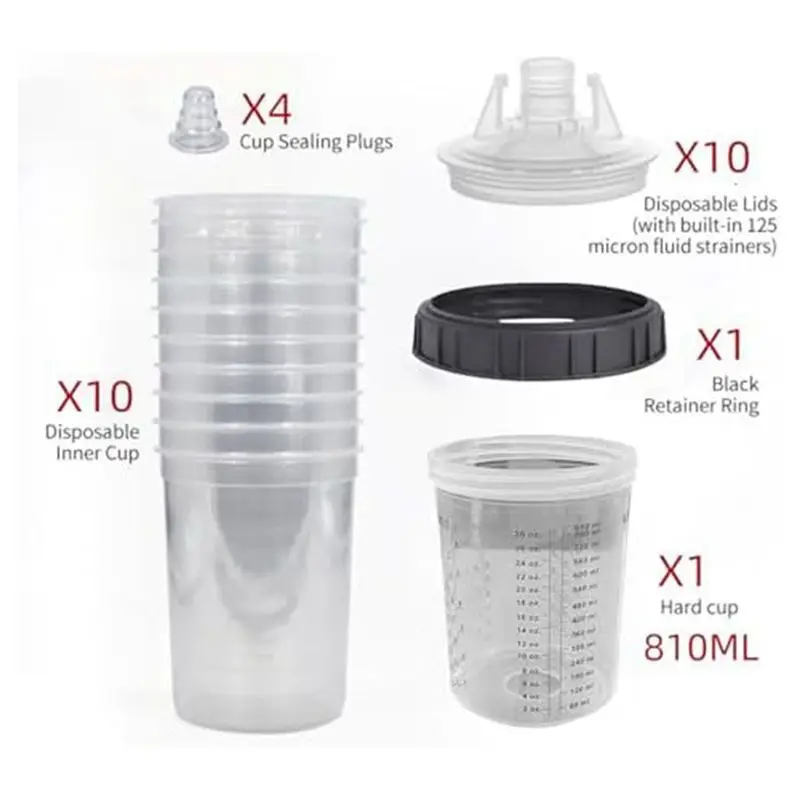 AEE8-810Ml Visual Spray Tank, Hard Cup With Scale And Holder And Lid For Spray Gunfiltration System, 4 Cup Sealing Plugs