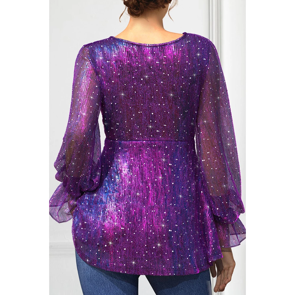 Plus Size Purple Sparkly Glitter Fabric Twist Knot Lantern Sleeve Elastic Cuff Tunic V-neck Blouse