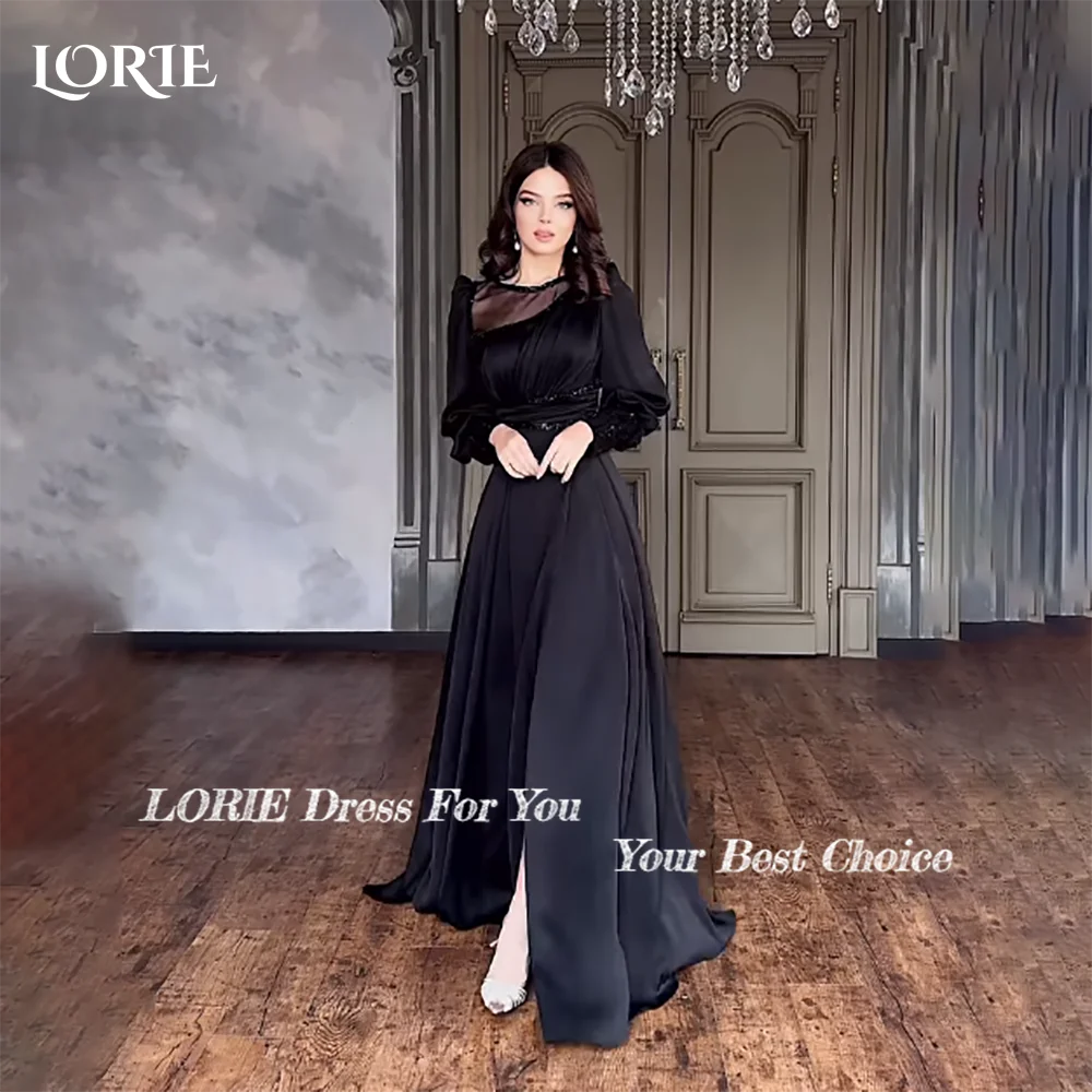 LORIE Black Slit Saudi Formal Evening Dresses with Pocket Long Sleeves A-Line Prom Dress Illusion Shoulder for Women Party Gowns