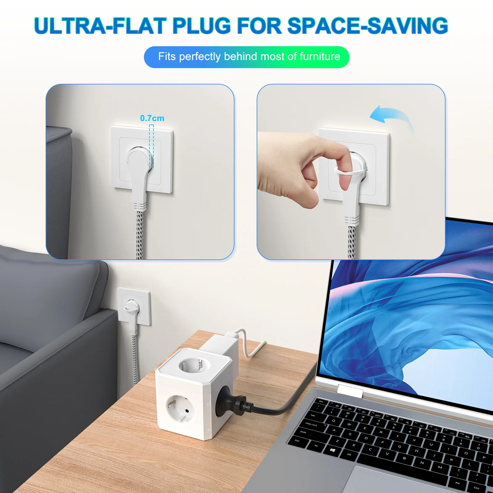 EU multi-plug power strip 5 AC power sockets 3m braided cord with pull tab flat plug adapter suitable for home office travel