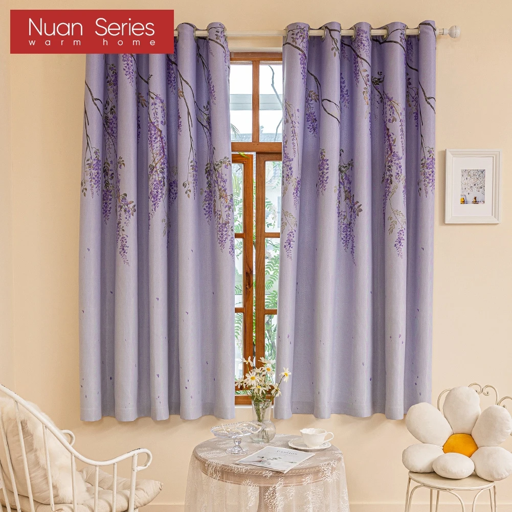 1PC Nuan Series 70-80% Blackout Violet Vine Printed Comfortable Short Curtain For Bedroom Living Room Home Decor