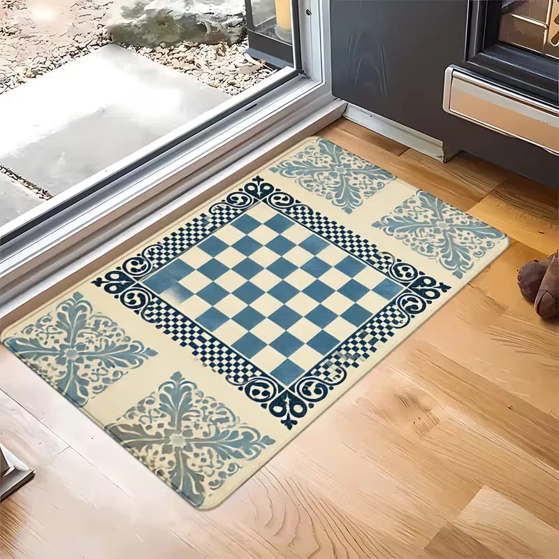 Moroccan Black White Geometric Print Doormat Modern Boho Tile Print Entryway Welcome Mat Soft Non-Slip Indoor Outdoor Floor Rug