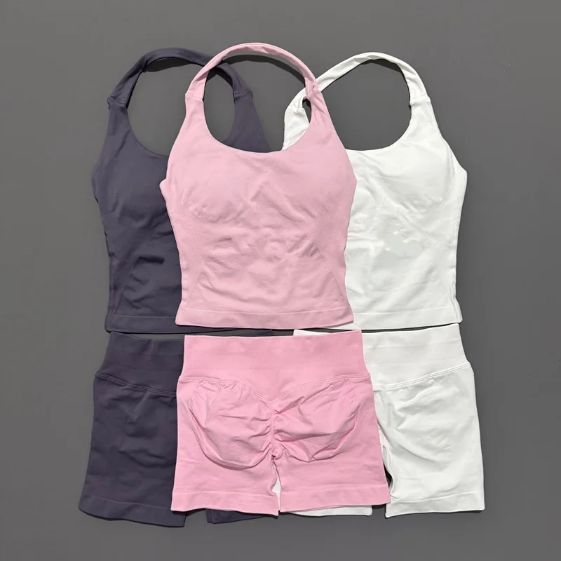 2 الموافقة المسبقة عن علم Histello الرياضة مجموعة النساء الرقبة الرسن للصدمات الخطوط الطويلة Strappy أعلى تجريب Scrunch السراويل مجموعات اللياقة البدنية الملابس الصالة الرياضية البدلة #5