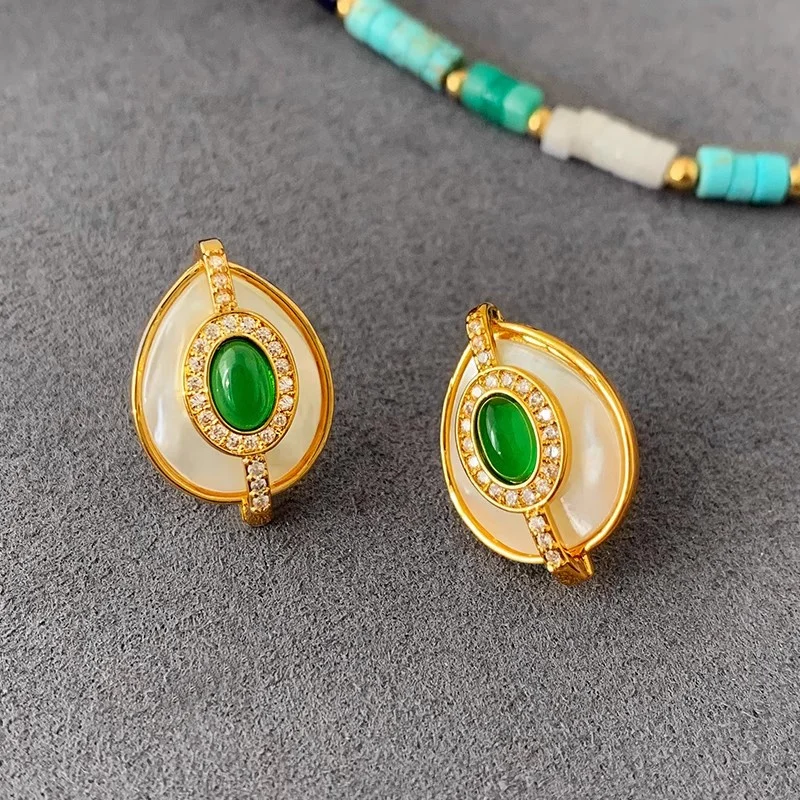 

Natural White Shell Zircon Green Agate Earrings for Women Niche Water Droplets Unique Vintage Fashion OL Minimalist Jewelry