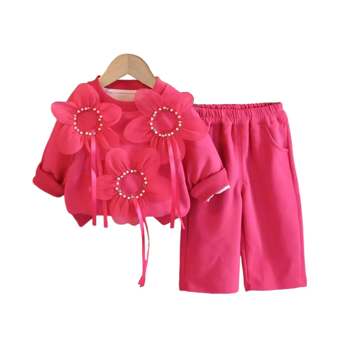 Toddler Girls Outfits 2026 Spring Autumn Baby Girl Clothes Sweet 3D Flower Rhinestone Sweatshirt + Pants 2 Piece Set Kids Suit