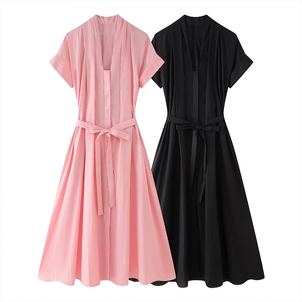 2024 Spring/Summer New Women's Fashion V-neck Waist Wrapped Shirt Style Dress with Bow Decoration Casual Short sleeved Skirt