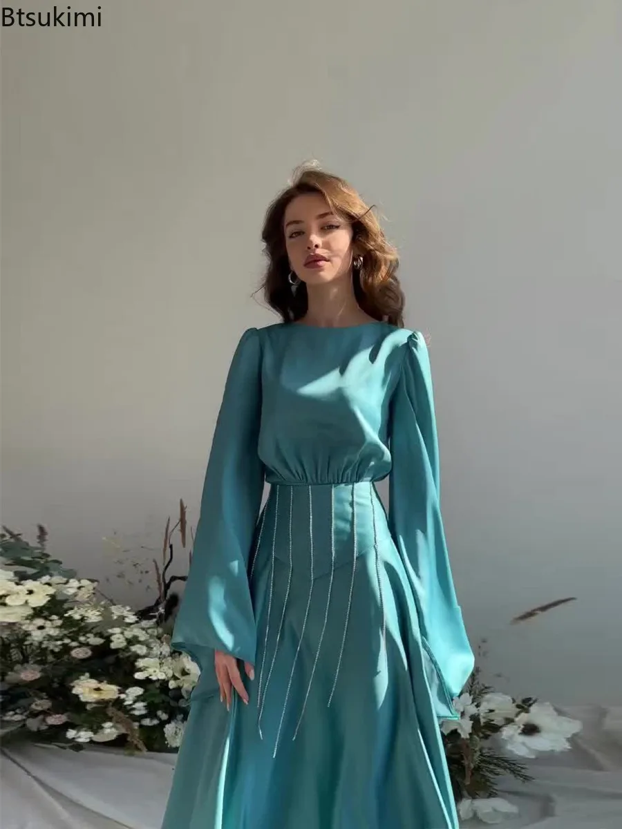 فساتين حريمي أنيقة 2025 ربيع جديد شرابة مضيئة كم فساتين ماكسي ضئيلة النساء الصلبة الساتان س الرقبة مثير فساتين الحفلات رداء