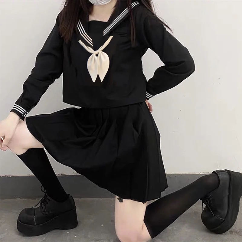 Vrouwen Sexy Zwarte Jk Pak Japanse Schooluniformen Stijl S-3xl Student Meisjes Navy Kostuum Matroos Blouse Geplooide Rok Set