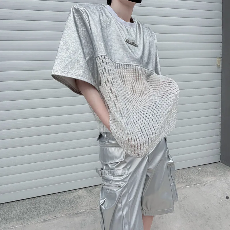 Summer Transparent Mesh T-shirt for Man Short Sleeved Hollow Out See Through Men T Shirts Hip Hop Snake Skin Patchwork Tee Tops