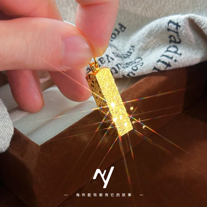 24k 999gold New style gold necklace with crushed ice effect, small gold bar pendant, pure gold jewelry, stamped necklace