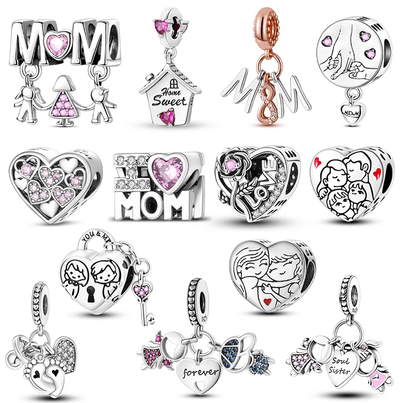 Ciondoli in argento 925 Amore Madre Famiglia Sorella Cuore Perline Misura braccialetto originale Gioielli donna fai da te Regalo per un amico