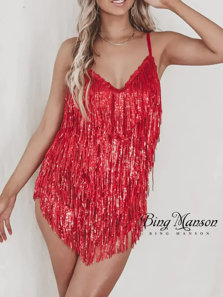 

2023 New Summer Music Throttling Su Sequin Dress Solid Sexy Backless V-Neck Strap Mini Dress Sexy Dress Maxi Dresses for Women