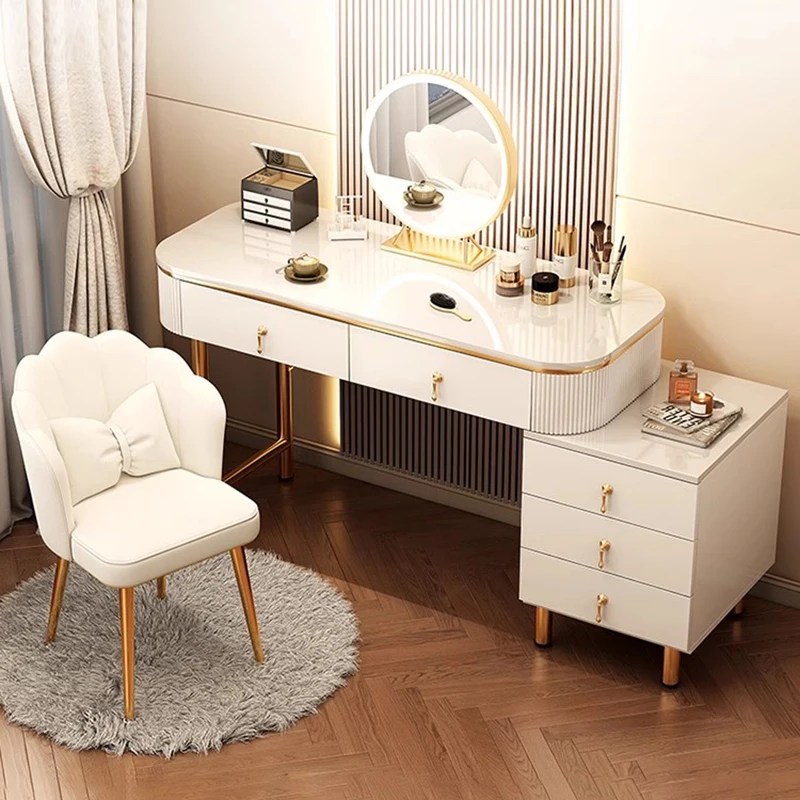 Luxury Women Vanity Table Bedroom Light Console Makeup Dressing Table Mirror Drawers Desk Organizer Penteadeira Home Furniture