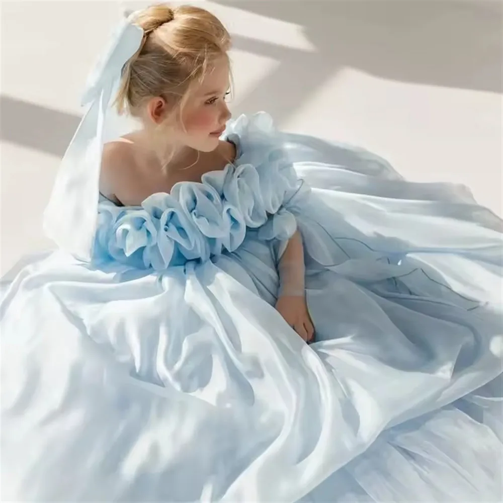 

Customized Sky Blue Flower Girl Dresses For Wedding Ruffles Puffy Elegant Princess Formal Banquet Birthday Party Pageant Gown