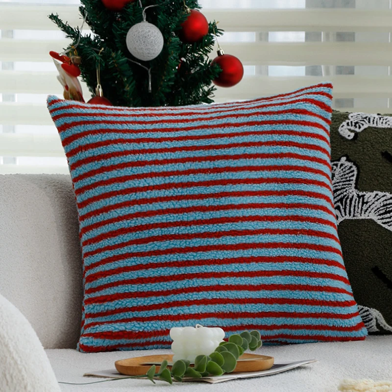 Red-blue Lines Contrasting Color Cushion Cover Plush Advanced for Personalized Home Decoration Living Room Sofa 45x45 Pillowcase