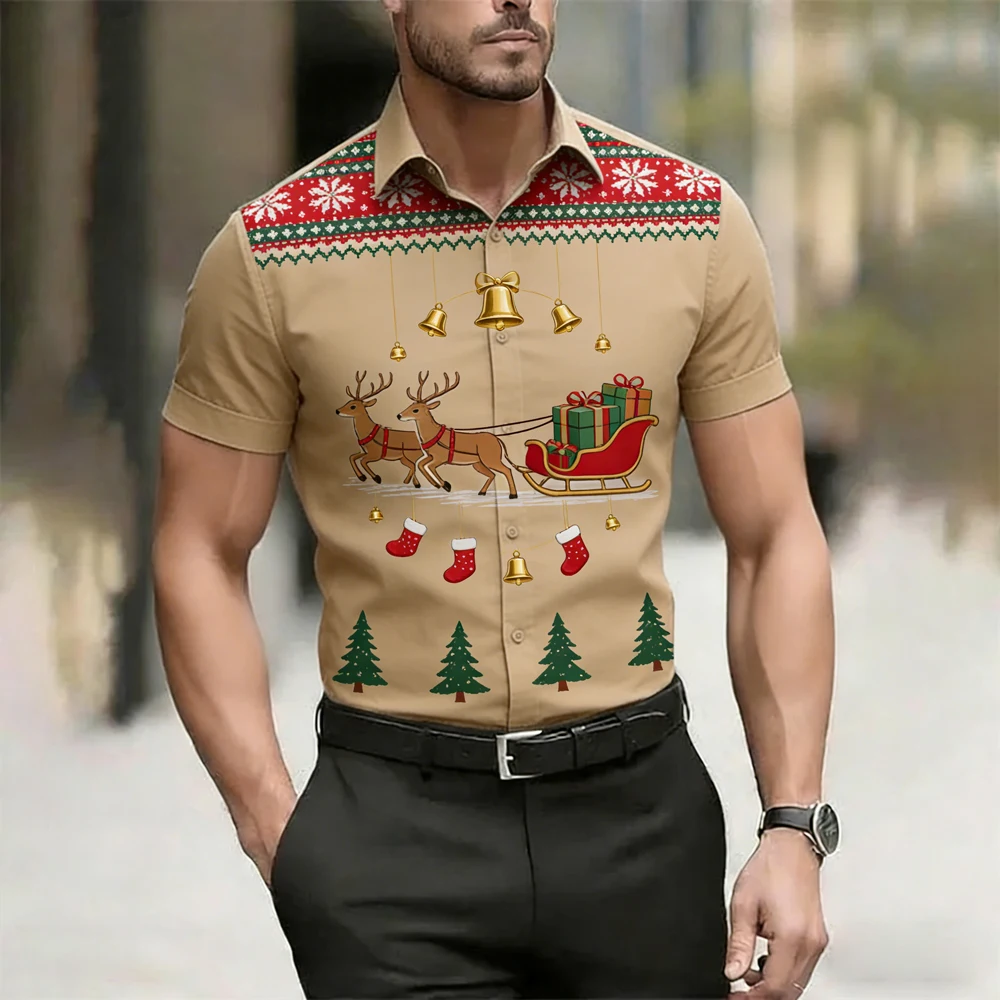 Men Short Sleeve Shirt Christmas Reindeer Sleigh Gift Bell Tree Print Lapel Casual Holiday Tops Men's Clothing