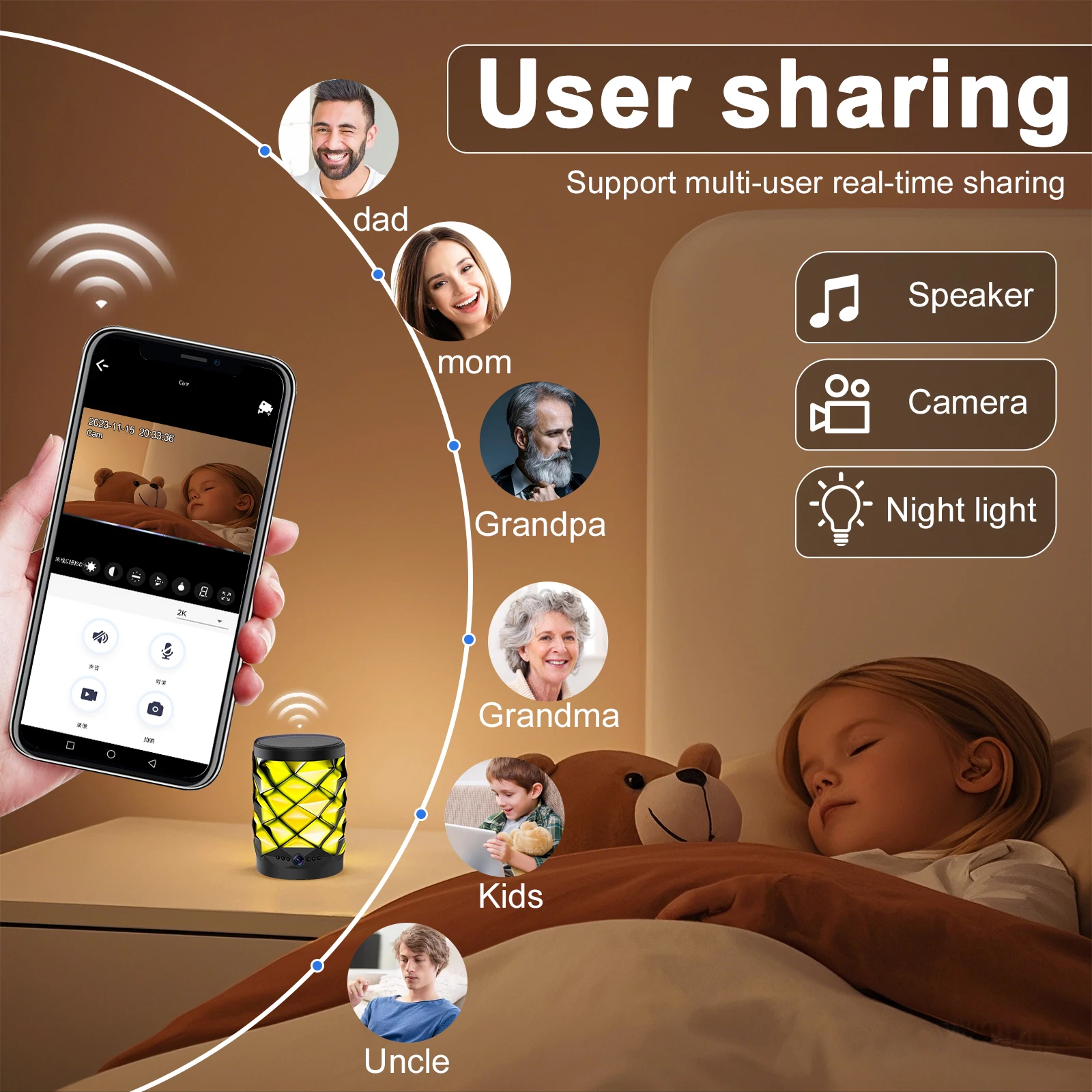 HD WiFi Desk LED Light with Speaker Camera Recorder Mini Smart Security Camera Indoor Wifi Two Way Audio HD Video Camera