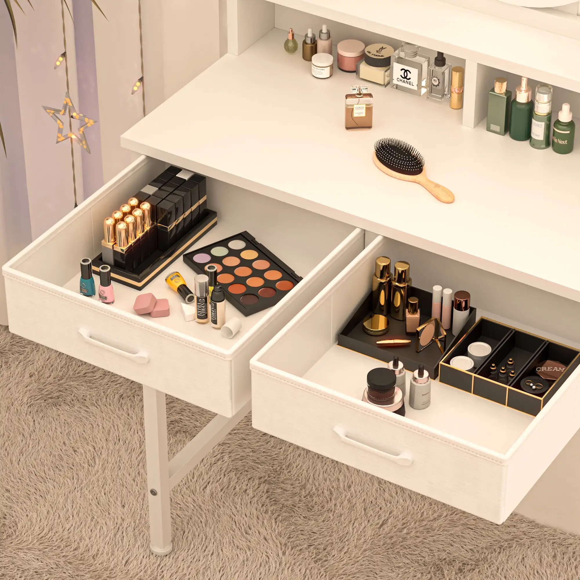 Vanity Desk with Mirror,Fabric Drawers,USB Port & Stool,3 Color Modes & Adjustable Brightness, White