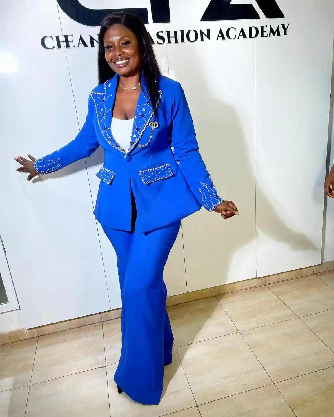 Royal Blue Women Suit Set 2 Piece Blazer+Pants Trousers Luxury Crystals Formal Office Jacket Customized Wedding Tuxedos Coat