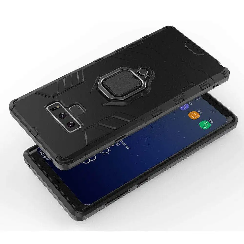 For Samsung Galaxy Note 9 Phone Case, Silicone TPU and Hard PC Luxury Armor Shockproof Metal Ring Holder Cover Casing