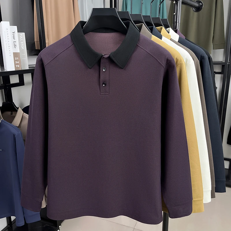 الاتجاه الفاخر طويلة الأكمام الرجال قميص بولو عالية الجودة اللون منعت التلبيب الربيع الخريف تي شيرت الكورية نمط الأعمال رداء علوي غير رسمي #5