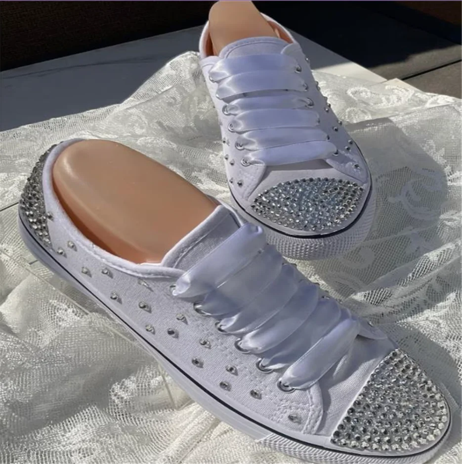 Custom silver rhinestone lace low top Everything sports leisure walking canvas shoes large size 35-46