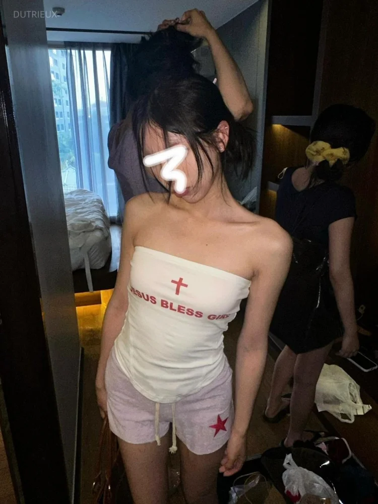 Women Y2k Aesthetic Letter Printing Tube Tops Sexy Streetwear Backless Vintage Tank Top Summer Grunge Irregular Fairy Camisole