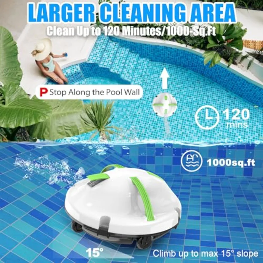 Cordless robotic pool cleaner for above-ground and inground flat pools up to 1000 sq.ft, ABS plastic body, black-gray color, 12
