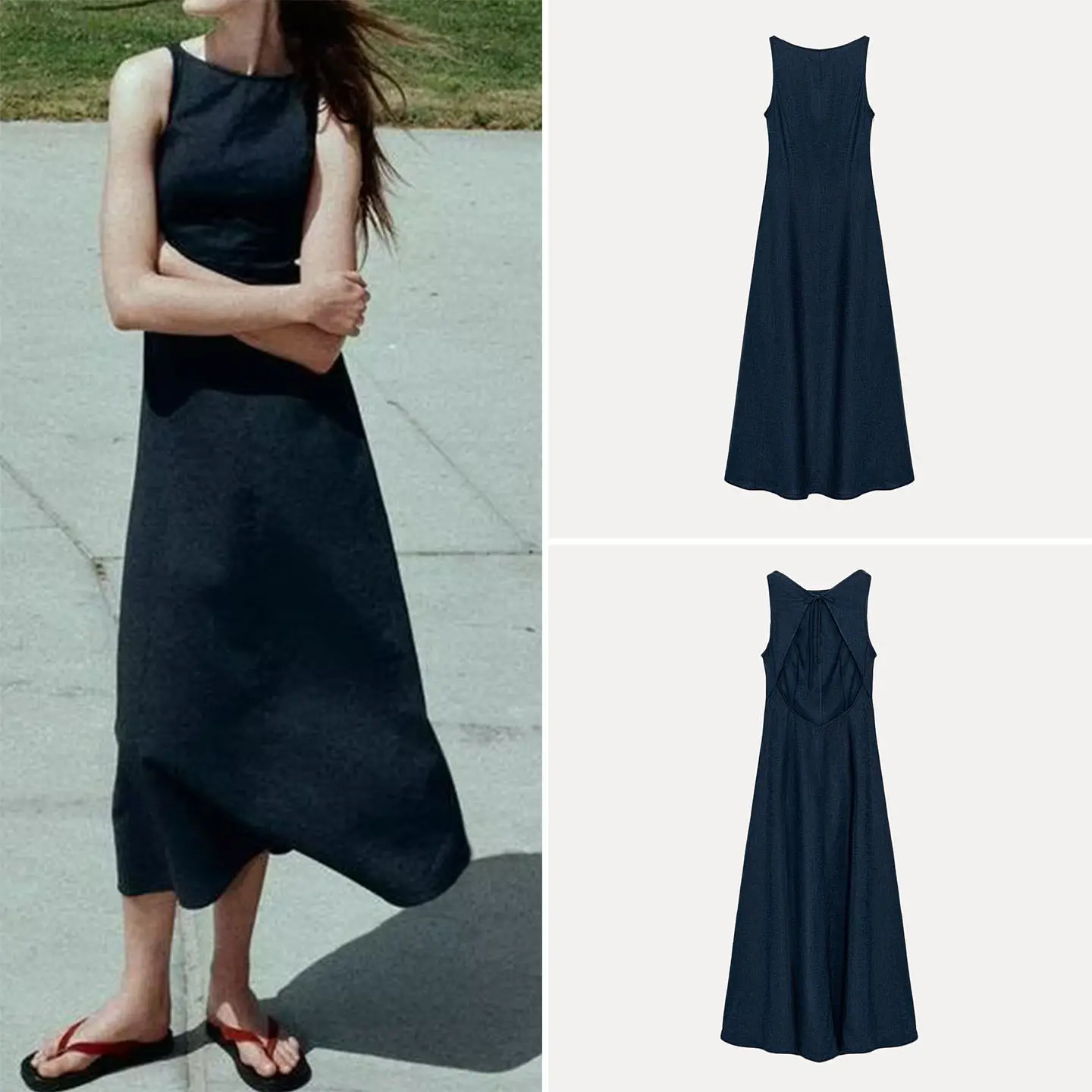 Fashionable Midi Dress Women's Slim Fit Backless Hemline Spring 2026 Zadata Ladies' Dress A-Line Skirt Style No Sleeve