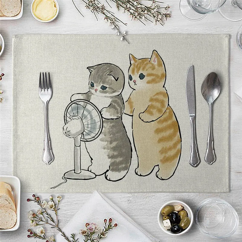 2023 Funny Cat Decorations Placemat Polysterflax Blended Yarn Dining Table Mats Coaster  Bowl Coffee Cup Mat Napkin