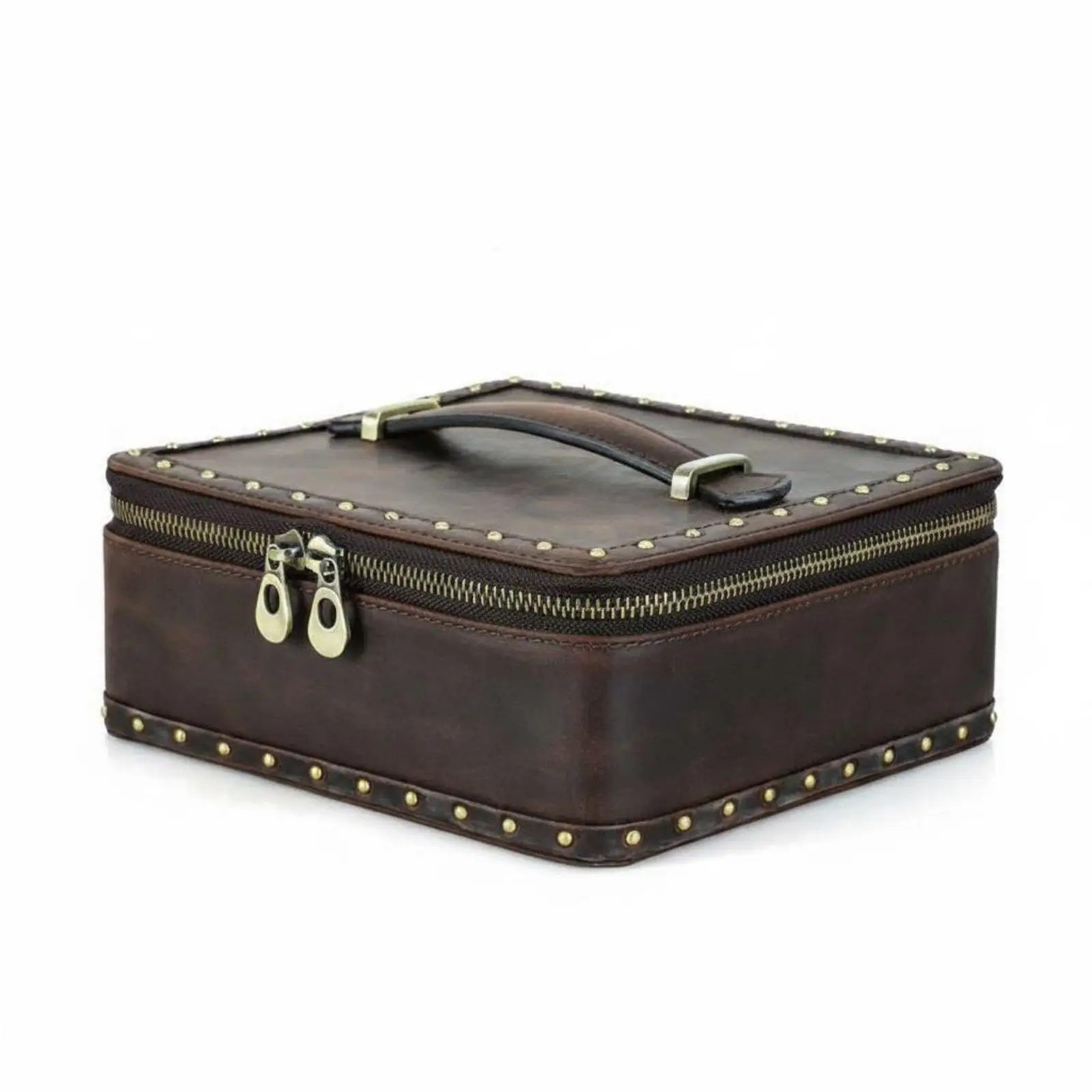 Classic Leather Jewelry Box with Handle for Watch Ring Earring Storage Vintage Decorative Case