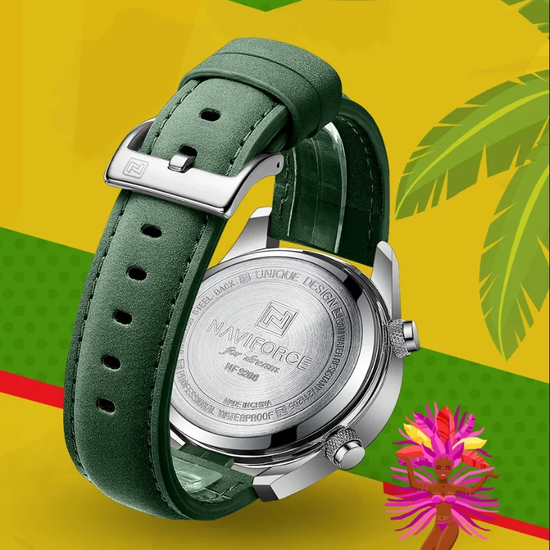 NAVIFORCE Fashion Mens Casual Green Leather Watch Military Waterproof Digital Chronograph Quartz Man Wristwatch Male Alarm Clock