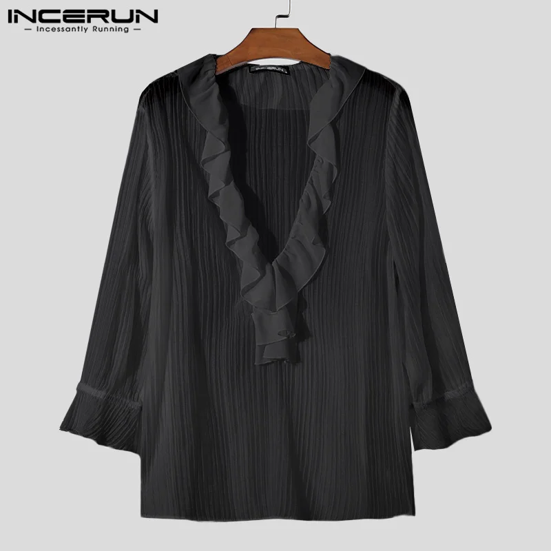 2024 INCERUN Korean Style Fashion Shirts Casual Simple V-neck Tops Men Flare sleeve Elegant Stripe Tees Loose Streetwear Male