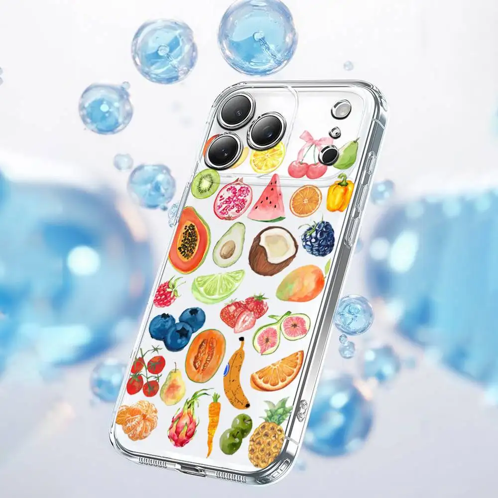 Etui na telefon iPhone 17, 16, 15, 14, 13, 12, 11 Plus, Pro, Max, Plus, E, SE4, Air, Mini, przezroczyste, letni wzór owocowy, kolaż.